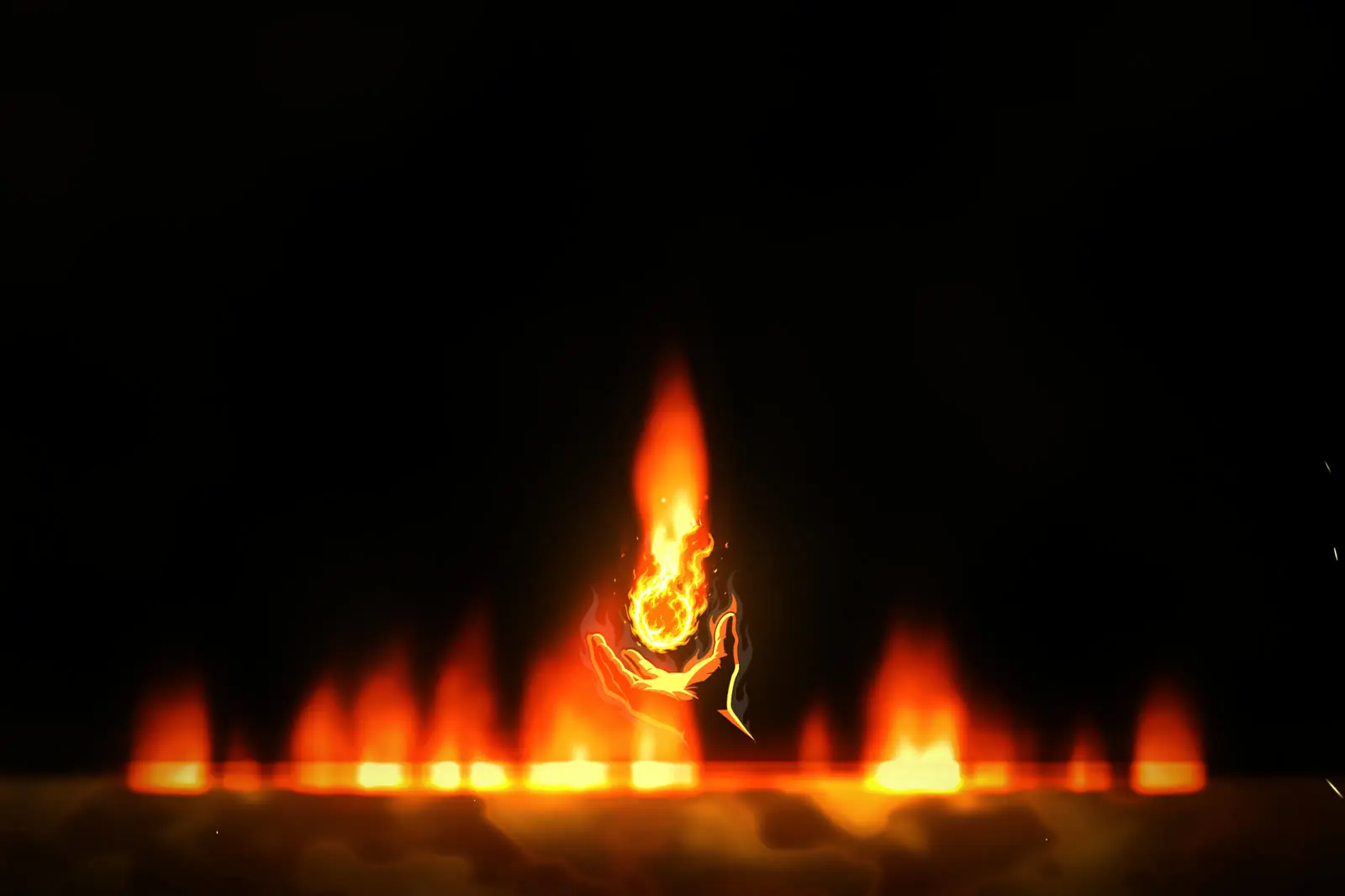 The hand and its fireball over a line of fire