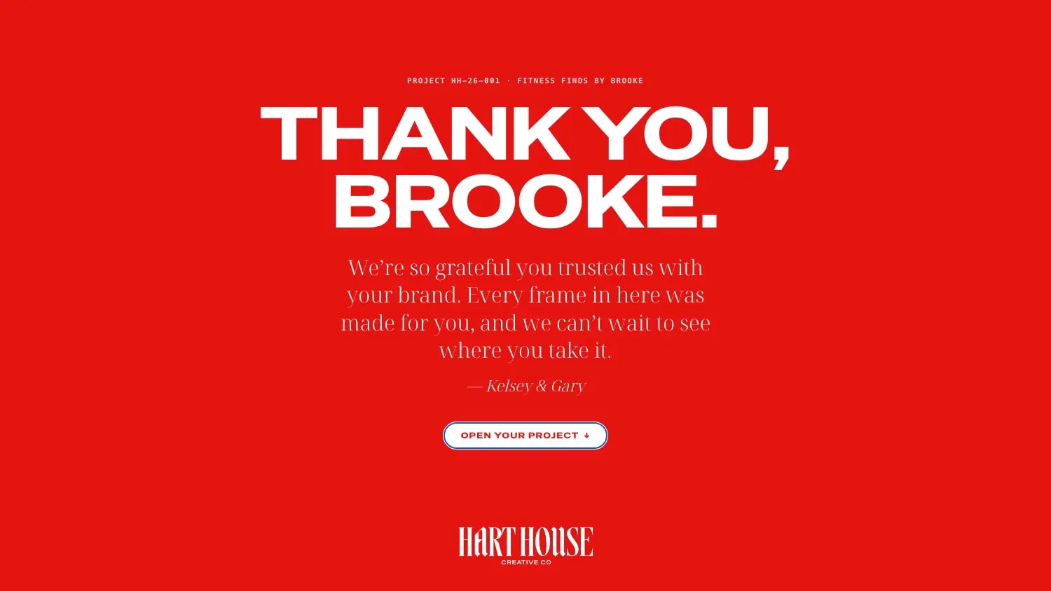 A delivery opens on a red cover: Thank you, Brooke — signed Kelsey & Gary