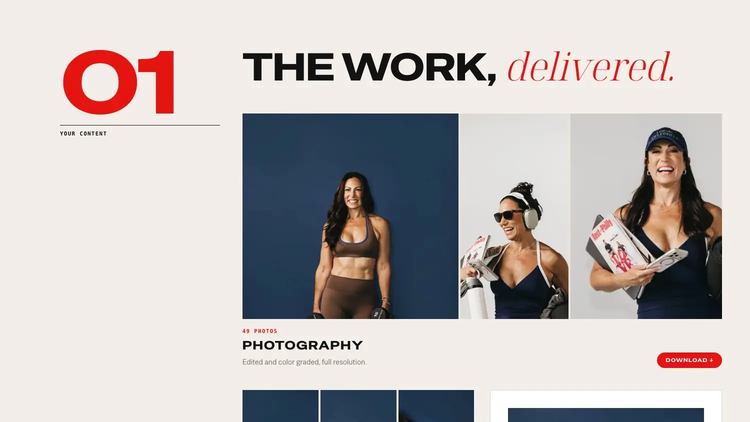 01 / Your content — The work, delivered: photography, video, social and print, each with its download