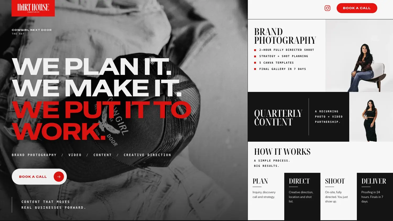 We plan it. We make it. We put it to work. — the statement over rotating photography, the offers in light and ink blocks on the right