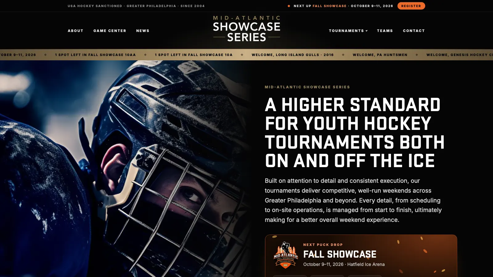 Mid-Atlantic Showcase Series home page with the next tournament countdown