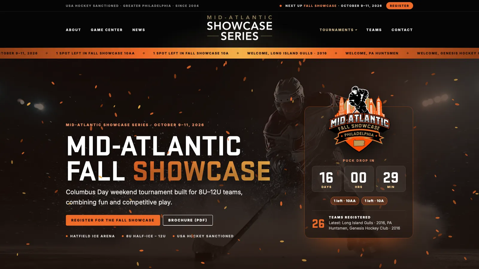 Fall Showcase page with countdown and registration