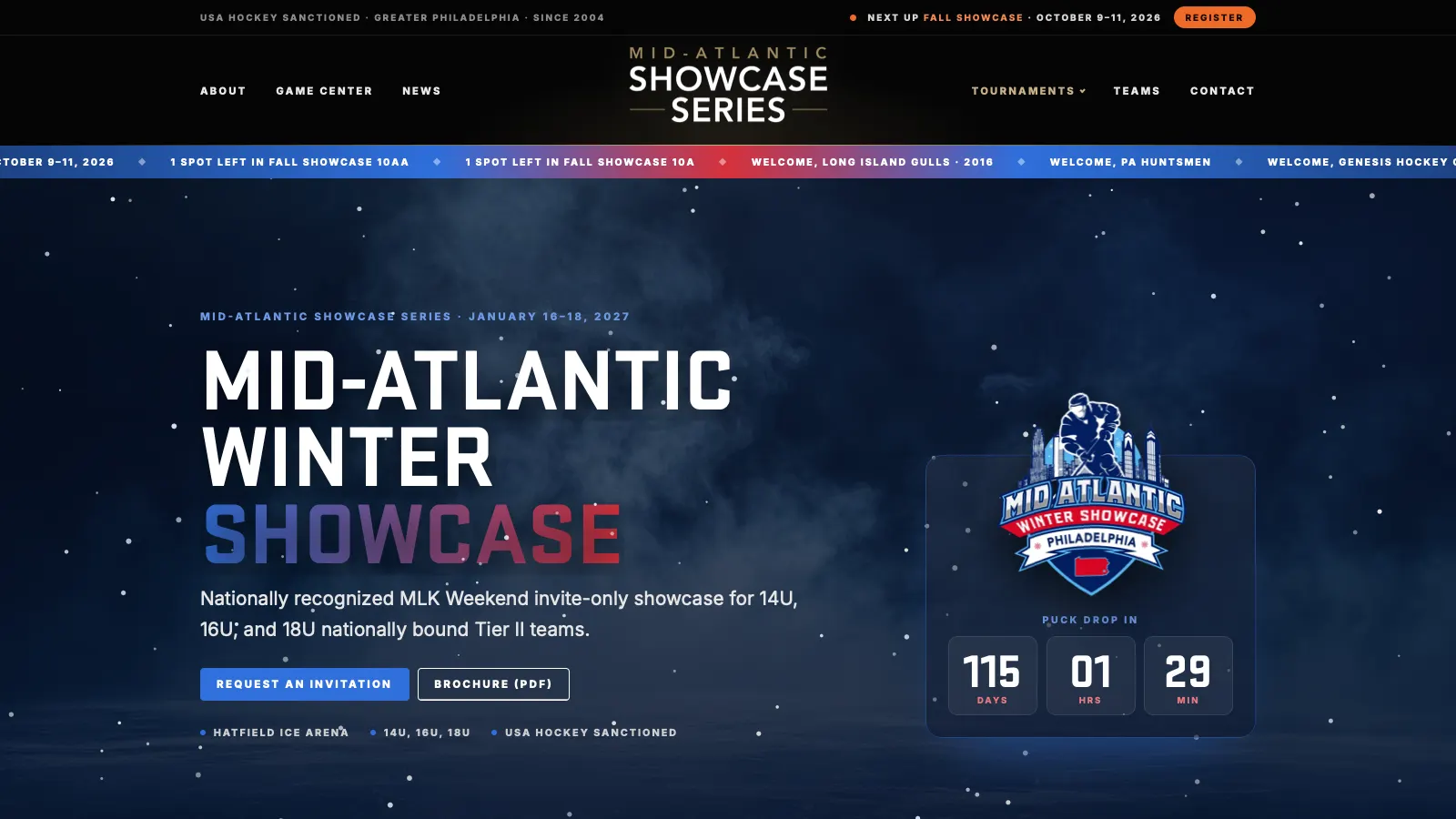 Winter Showcase page themed in its crest colors with falling snow