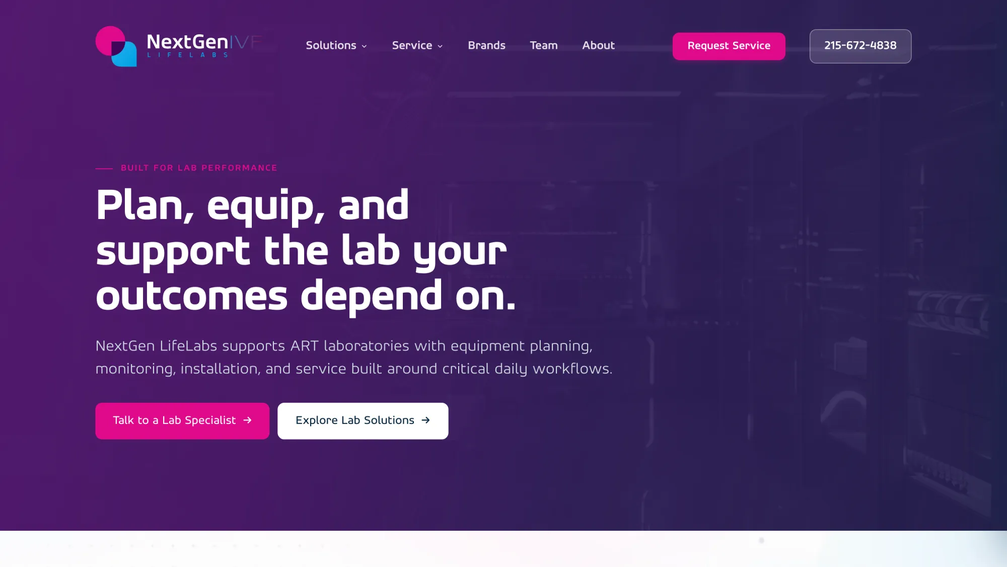 The new NextGen IVF LifeLabs home page — Plan, equip, and support the lab your outcomes depend on