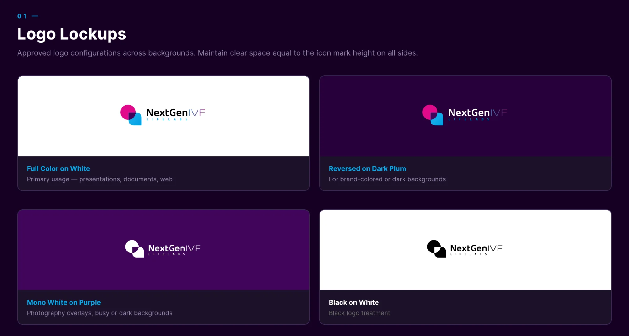 NextGen IVF LifeLabs brand book — the four approved logo lockups