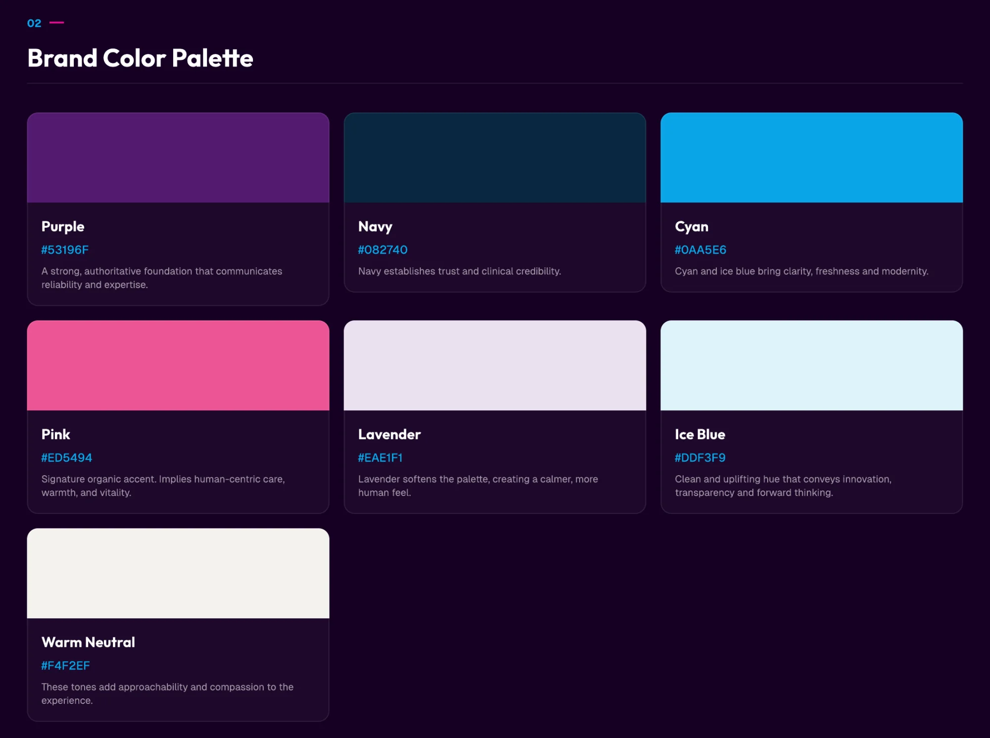 The brand colour palette — purple, navy, cyan, pink, lavender, ice blue and warm neutral, each with its role