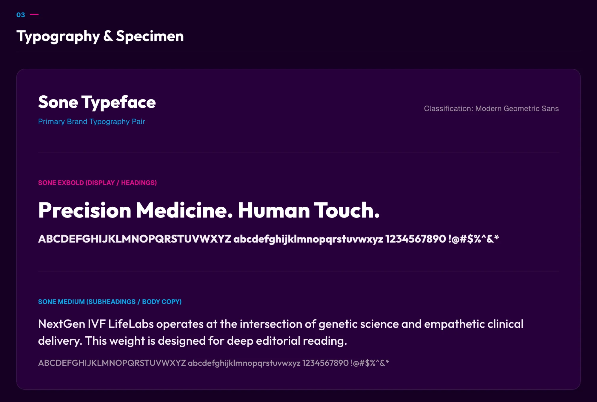 Sone typeface specimen — Precision Medicine. Human Touch.