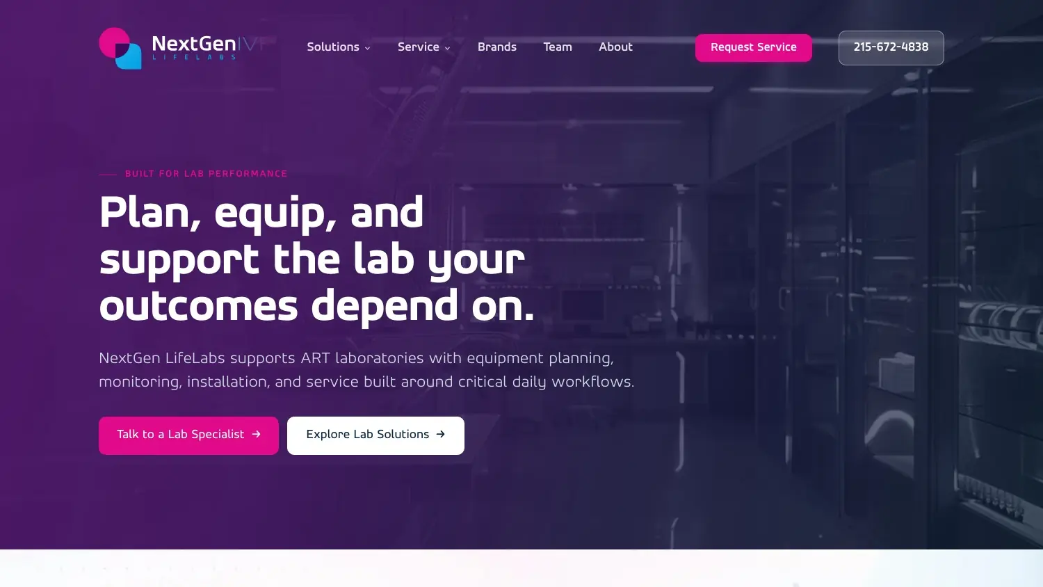 NextGen IVF LifeLabs home page — Plan, equip, and support the lab your outcomes depend on