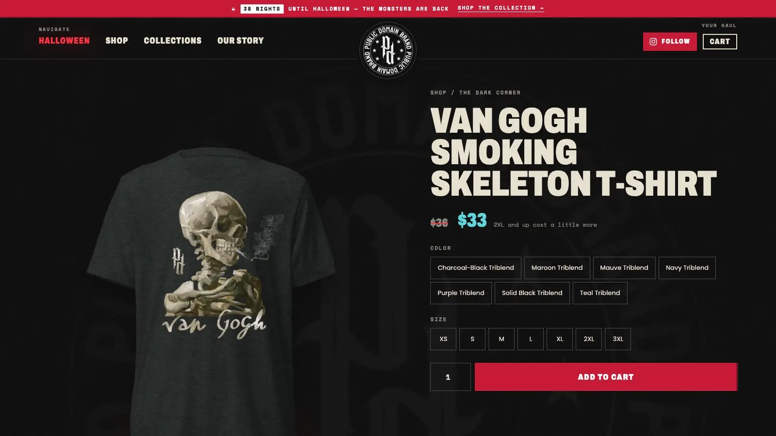 Van Gogh Smoking Skeleton tee product page