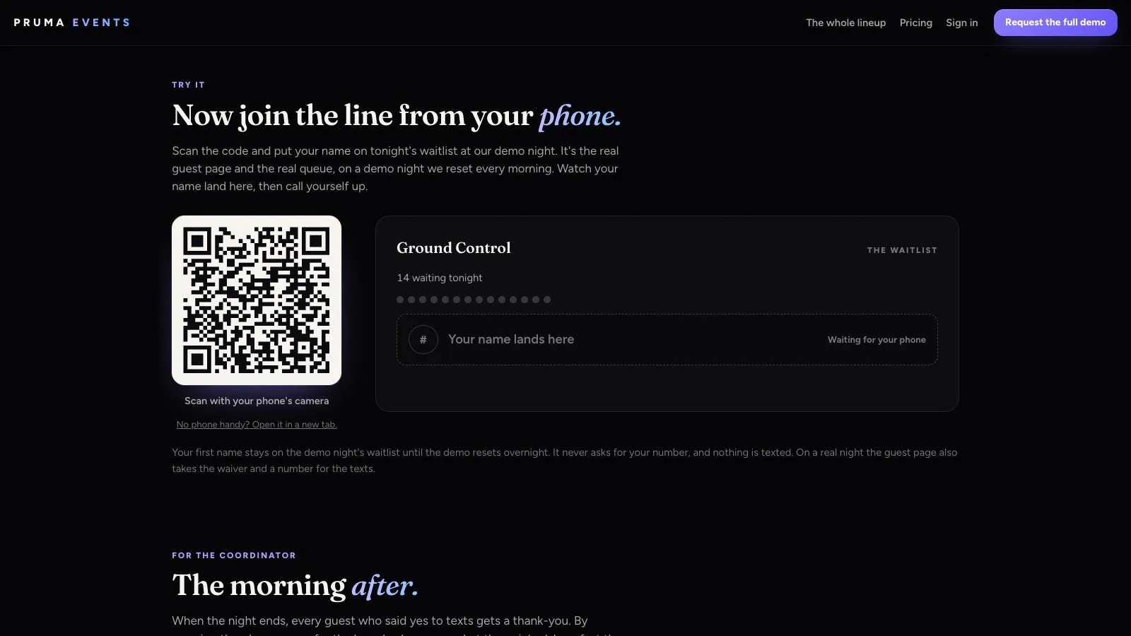 Join the line from your phone: a live QR on the demo night