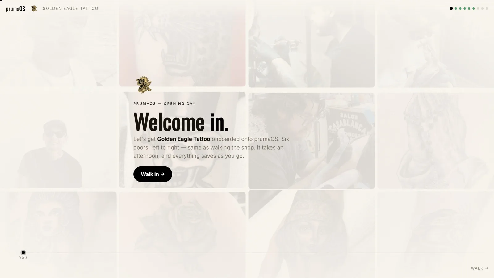 The same prumaOS onboarding walk in a second shop’s brand
