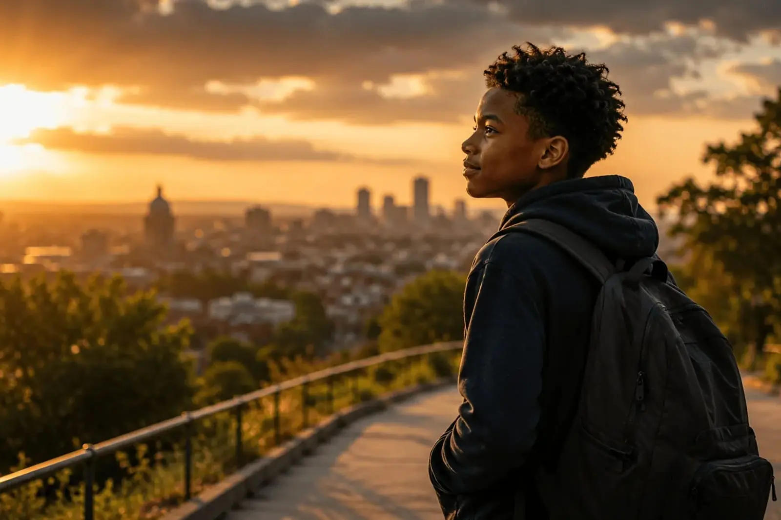 A boy looks out over the city at sunset, the opening photograph of the RROPI site