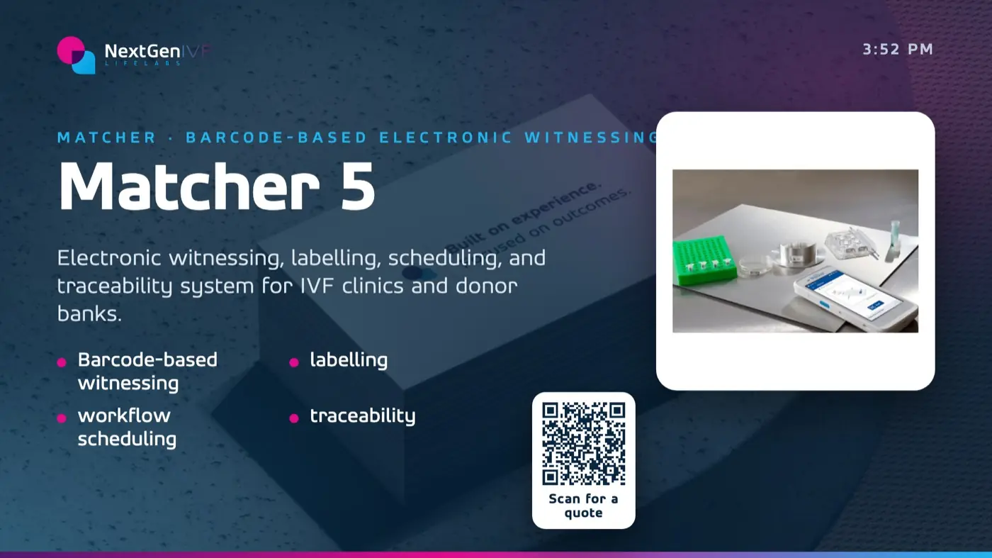 Matcher 5 booth screen with scan-for-a-quote QR